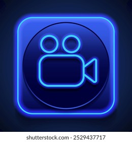 Video camera simple icon. Flat design. Blue neon style on button. With shadow.ai