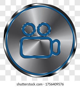 Icono de cámara de vídeo simple sobre botón redondo de metal. Cuadrícula transparente