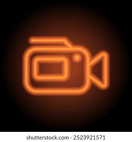 Videokamera einfacher Icon-Vektor. Flaches Design. Orangefarbenes Neon auf schwarzem Hintergrund.ai