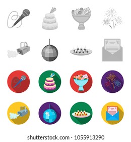 A video camera with smoke, a twirling holiday ball, a plate of sandwiches, an envelope with a greeting card. Event services set collection icons in monochrome,flat style vector symbol stock