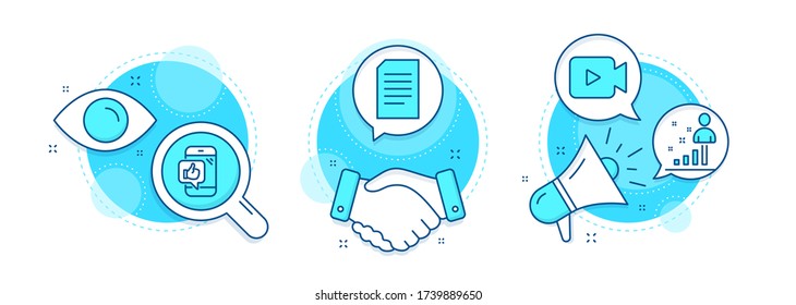 Video camera, Stats and Mobile like line icons set. Handshake deal, research and promotion complex icons. Document sign. Movie or cinema, Business analysis, Phone thumbs up. Information file. Vector