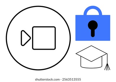 Video camera symbol, blue padlock, and graduation cap. Ideal for online communication, data security, education, digital platforms, virtual classrooms. Simple outline style