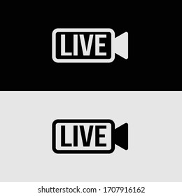 Video camera with the text: live, online, video stream. Illustration of a camcorder sign in flat minimalism style. Live logo vector
