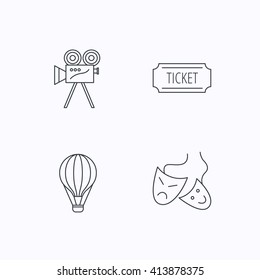 Video camera, ticket and theatre masks icons. Air balloon linear sign. Flat linear icons on white background. Vector