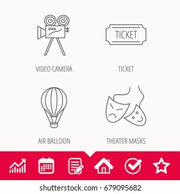 Video camera, ticket and theatre masks icons. Air balloon linear sign. Edit document, Calendar and Graph chart signs. Star, Check and House web icons. Vector