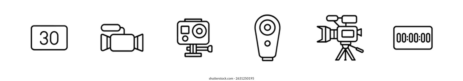 Video camera and timer outline icon set - flat, recording devices and time symbols