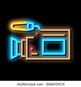 Video Camera Tool neon light sign vector. Glowing bright icon Video Camera Tool isometric sign. transparent symbol illustration