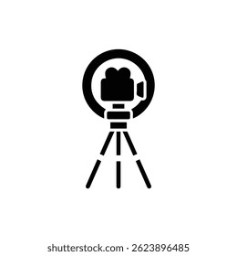 Video Camera Tripod Setup Icon with Ring Light in Black