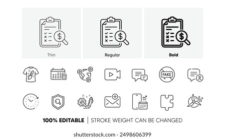 Video Video Cámara, diseño de la camiseta e iconos de la línea de conferencia. Paquete de turbina de molino de viento, comentario, icono de calendario. Cambio de tiempo, rompecabezas, informe de contabilidad pictograma. Ingeniería, burbuja de chat. Vector