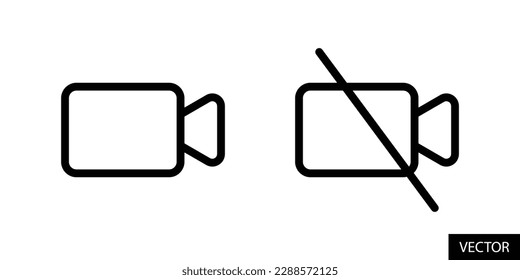 Video camera, turn on and off video call, no filming, videography prohibited sign icons in line style design for website, app, UI, isolated on white background. Editable stroke. EPS 10 vector file.