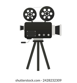 Video camera with two rolls of tape. Film crew, cinema, directors work, movie, series, set, pavilion, tripod, equipment, lens, wide angle, operator, reel, projector. Vector illustration