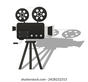 Video camera with two rolls of tape and shadow in the background. Film crew, cinema, directors work, movie, series, set, pavilion, tripod, equipment, lens, wide angle. Vector illustration