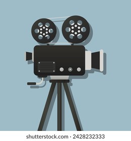 Video camera with two rolls of tape and shadow in the background. Film crew, cinema, directors work, movie, series, set, pavilion, tripod, equipment, lens, wide angle, reel. Vector illustration