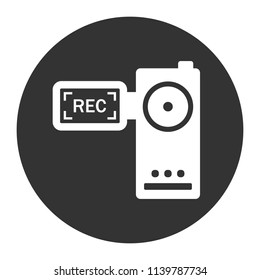 Video camera vector icon. REC icon. Vector sign. Grey background. Flat icon.