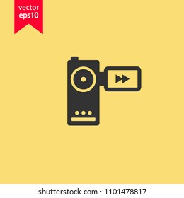 Video camera vector icon. Yellow background. EPS 10 vector sign.