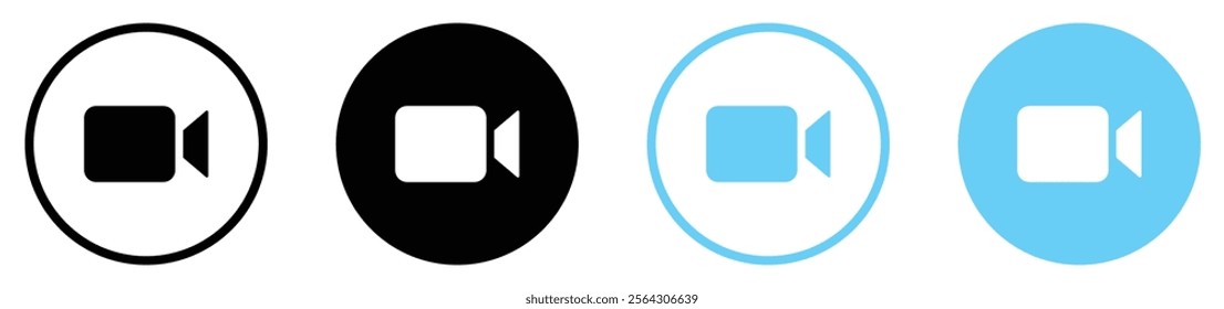 Video camera vector icons set in black and blue color. Camera video icon buttons for streaming, facetime icons video call symbol vector illustration. Video chat icons set for app and website.