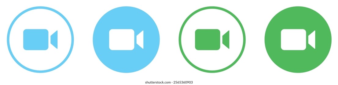 Video camera vector icons set in green and blue color. Camera video icon buttons for streaming, facetime icons video call symbol vector illustration. Video chat icons set for app and website.