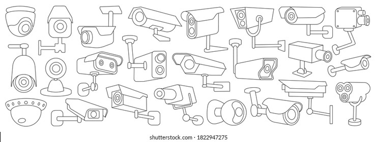 Icono de conjunto de esquema del vector de cámara de vídeo. Control de ilustración vectorial de la vigilancia en fondo blanco. Cámara de vídeo de iconos de conjunto de contorno aislado.