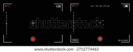 Video camera viewfinder. Digital video camera recording screen viewfinder interface. Black and white user interface (UI) overlay simulating a digital video camera or camcorder recording screen