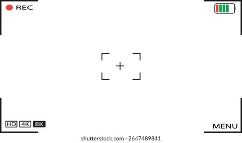 Video camera viewfinder frame. Camera recording screen template for overlay. Transparent PNG and vector illustration.
