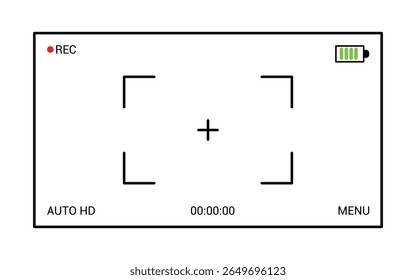 Video camera viewfinder frame. Camera recording screen template for overlay. Video finder or snap shoot frame camera, cinematic preview camera shooting vector illustration.