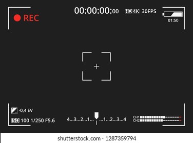 Videokamera-Sucher auf dunklem Hintergrund.Fokussierende Anzeige der Kamera. Konzeption Grafik-Element-Bildschirm Bildrahmen. Belichtungseinstellungen. Vorlage für Ihr Design. Vektorgrafik