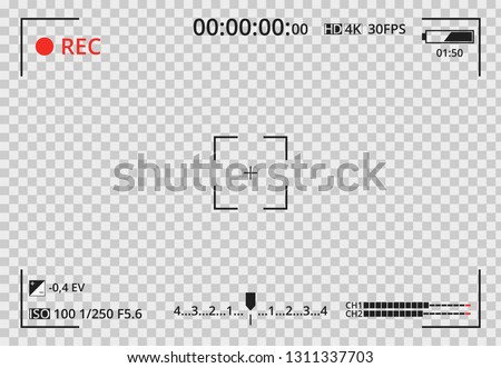 Video camera viewfinder on transparent background. Focusing screen of the camera. Concept graphic element screen photo frame. Exposure settings. Template for your design. Vector illustration