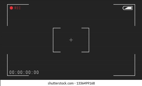 ビデオカメラのビューファインダーオーバーレイ 16 9フルhd形式のフレームテンプレート カメラフレーム のベクター画像テンプレート 黒い背景にスキャンラインと白い線と文字 タイミングを持つ認識アイコン のベクター画像素材 ロイヤリティフリー