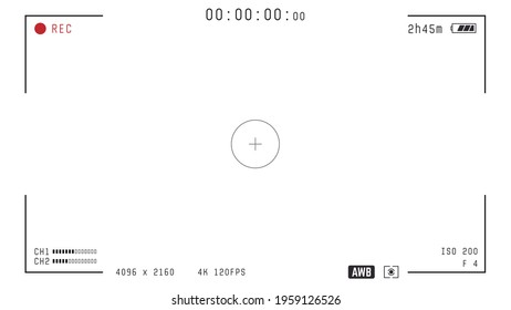 Video camera viewfinder overlay. 16:9 template. Full hd or 4k format with 120 fps. Camera frame vector template. Black lines and text, rec icon with information and timing on transparent background. 