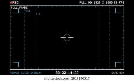 Video camera viewfinder overlay. full hd format of frame with 60 fps template. Camera frame vector. Video camera viewfinder format overlay on black with 4:3 and 1:1 aspect guides and edge rulers