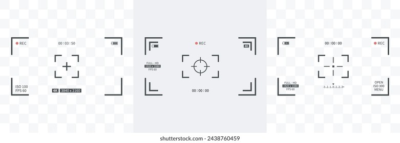 Video camera viewfinder set. Video camera focusing screen with rec, photo camera viewfinders.focus and grid,adjustment focus frame and digital viewfinder.Vector illustration.