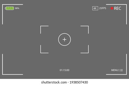 Video camera viewfinder. Vector illustration of video filming or shooting camera recording display. Recording view frame. Cinema rec viewing screen. Digital display interface.