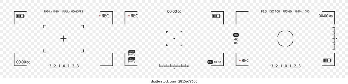 Video camera viewfinders. Recording view frame, cinema rec viewing screen and dslr cam viewfinder. Video filming screen, shooting camera recording display isolated vector
