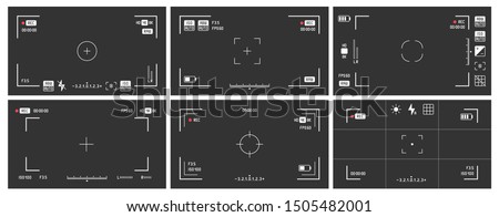 Video camera viewfinders. Recording view frame, cinema rec viewing screen and dslr cam viewfinder. Video filming screen, shooting camera recording display isolated vector set