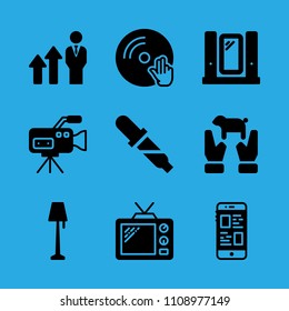 video camera, vinyl, lamp, pipette, mirror, animal, smartphone, television and promotion vector icon. Simple icons set