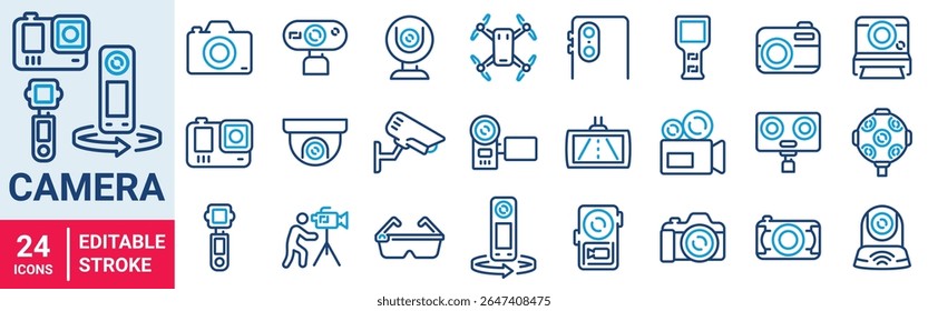 Video Camera web line icon set. CCTV camera. VR, film cameras. drone.