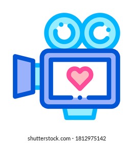 Video Camera For Wedding Ceremony Vector Icon Thin Line. Video Camera For Make Celebration Party Movie Linear Pictogram. Party Preparation And Marriage Template Contour Concept Illustration