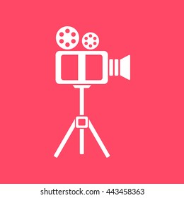 Video Camera white icon on magenta color background. Eps-10.