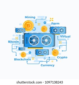 Video Card Abstract Vector Sign, Symbol or Emblem Template. Flat Style Crypto Currency GPU Bitcoin Mining Hardware Illustration. Personal Computer Component Icon. Isolated.