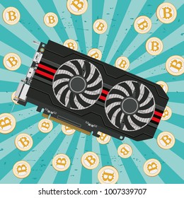 Video card in a black case with two coolers for the cryptoferm and bitcoin. Vector image.