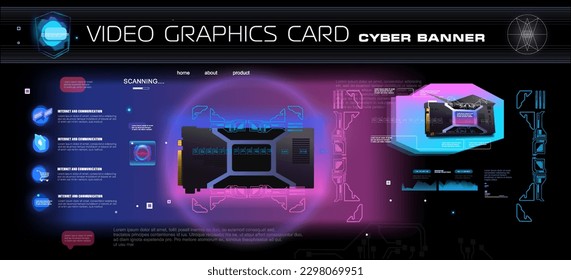 Tarjeta de vídeo para el ordenador. Cartel cibernético de tecnología. Poderoso sistema digital con el desarrollo de chips de computadora y tableros electrónicos. Tarjeta de video realista con iluminación de neón