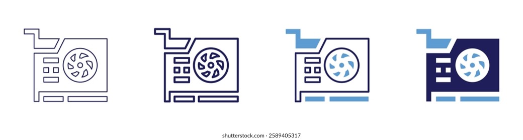 Video card device icon in 4 different styles. Thin Line, Line, Bold Line, Duotone. Duotone style. Editable stroke.
