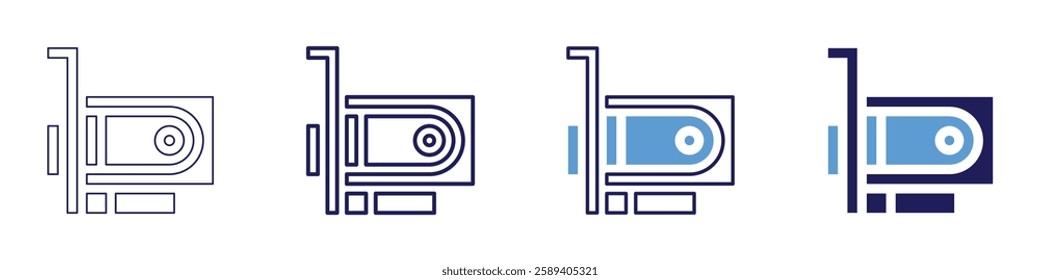 Video card icon in 4 different styles. Thin Line, Line, Bold Line, Duotone. Duotone style. Editable stroke.