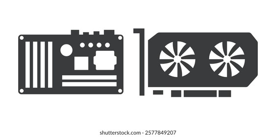Video card and motherboard. Vector flat icons isolated on white background.