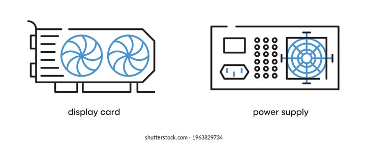 Video card and power supply icon set. This icon is a set of symbols for computer parts. Colorful computer board icon. Editable Stroke. Logo, web and app.