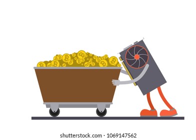 The video card pushes the trolley with bitcoins. Vector illustration, a flat style design. Isolated on a white background.