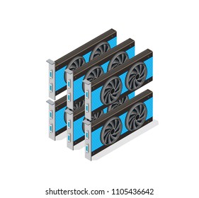 Video card set of mining bitcoin on digital technology video cryptocurrency blockchain business. The component of electronic equipment high-tech industry isometric graphics component.