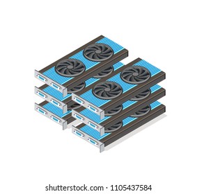 Video card set of mining bitcoin on digital technology video cryptocurrency blockchain business. The component of electronic equipment high-tech industry isometric graphics component.