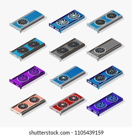 Video card set of mining bitcoin on digital technology video cryptocurrency blockchain business. The component of electronic equipment high-tech industry isometric graphics component.