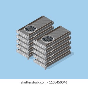 Video card set of mining bitcoin on digital technology video cryptocurrency blockchain business. The component of electronic equipment high-tech industry isometric graphics component.